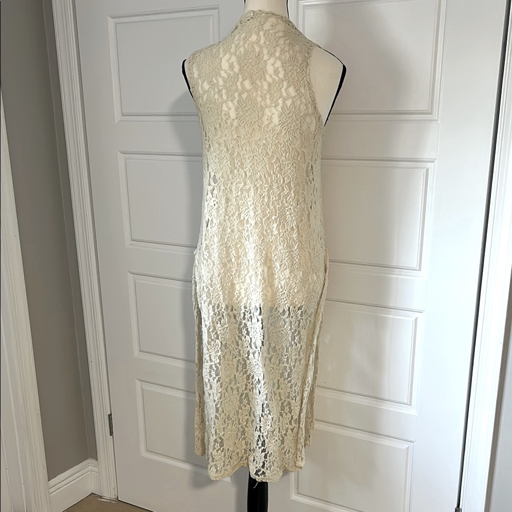 LuLaRoe Joy Cream Lace Long Cardigan Vest Sz S Stretchy - Picture 4 of 8